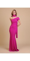 Vestido largo de fiesta con un tirante y fular – look sofisticado